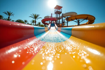 Water park with water colored flights, slides, splashes and pools at luxury hotel. summer vacation activity on holiday at outdoor waterpark or aquapark. AI