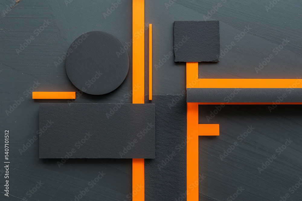 Poster Abstract image of dark gray geometric shapes and vibrant orange lines on a textured background, creating a modern and minimalist design, suitable for showcasing products or as a stylish visual element