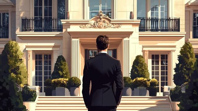 A repossession agent in a suit stands before a luxurious mansion, preparing to reclaim assets. The open door and elegant surroundings highlight a story of wealth, debt, loss, and financial downfall.