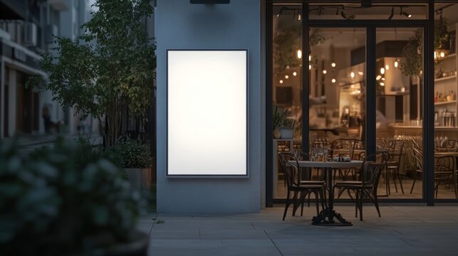illuminated outdoor display next to a restaurant with soft lighting presents an opportunity to showcase an advertisement or menu reflecting the ambiance and attracting potential customers