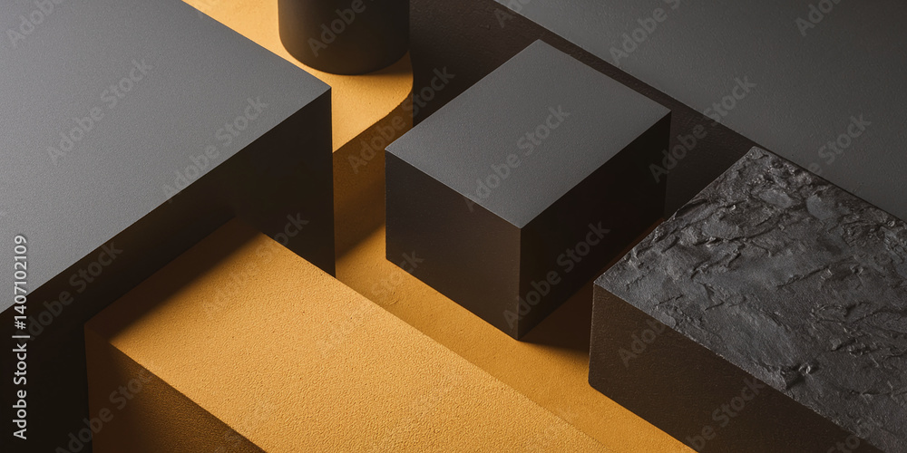 Poster Abstract image of geometric shapes: black cubes and cylinder on mustard yellow base.  Showcase concept, ideal for product display or design presentation