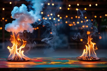 Handcrafted Wooden Tabletop Under Vibrant Smoke Flare for Enchanting Ambiance