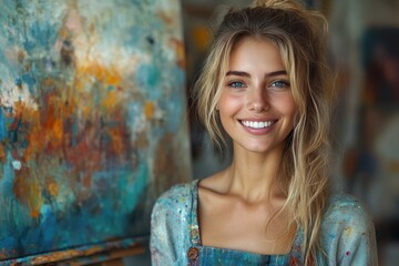 Naklejka premium Young Artist Portrait: Smiling Woman in Studio with Vibrant Abstract Painting & Creative Workspace