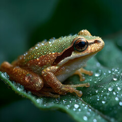 Fototapeta premium Dew Covered Green Tree Frog on Leaf