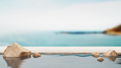 Platform podium on beach vibe seaside summer sky sand stone rock stand display advertising freshness sea coastal waves wind island nature. pedestal cosmetic beauty products or travel. 3D Illustration.