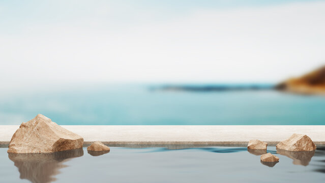 Platform podium on beach vibe seaside summer sky sand stone rock stand display advertising freshness sea coastal waves wind island nature. pedestal cosmetic beauty products or travel. 3D Illustration.