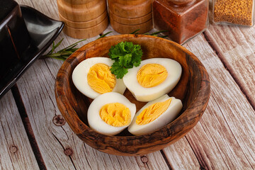 Boiled chicken eggs with bright yolk