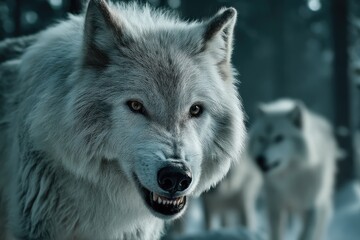 Obraz premium Close-up of a menacing arctic wolf in a snowy forest.