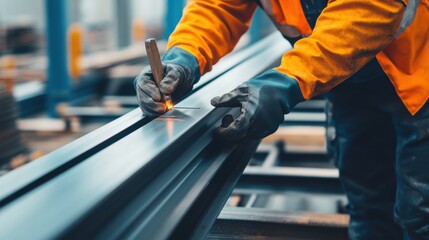Construction worker assembling steel beams for a building. Featuring steel assembly and construction work