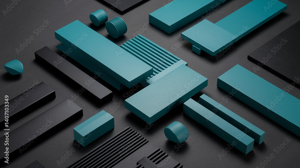 Poster Abstract composition of teal and black geometric shapes on dark gray background, showcasing a modern and minimalist design ideal for branding or technological concepts