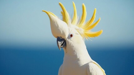 Naklejka premium White Cockatoo with yellow crest close up picture of an Australian Bird on a car side mirror. A native bird of the state of Victoria. Also known as Umbrella bird.