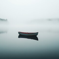 Naklejka premium A lone boat in the middle of a foggy lake