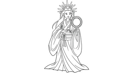 Elegant Line Drawing of Amaterasu Japanese Sun Goddess Holding Symbolic Mirror Coloring Page Printable Activity
