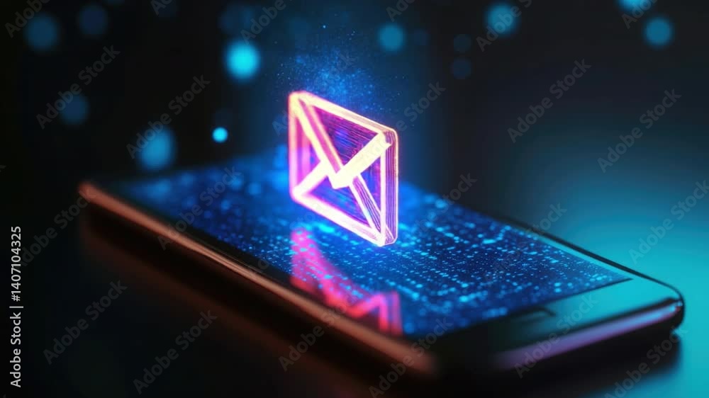 Poster digital mail notification on smartphone display with futuristic neon effects and blue binary code ba