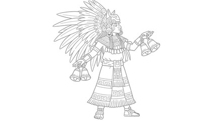 Fototapeta premium Aztec Moon Goddess Coyolxauhqui with Symbolic Bells Simple Line Art Coloring Page Illustration for History Buffs