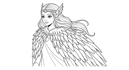Fototapeta premium Norse Goddess Freyja Love and Beauty Deity with Falcon Cloak Outline Line Art Coloring Page Illustration Design
