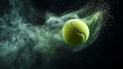 Serene motion frame of a floating tennis ball dissolving into a magical mist of diffused light green powder against black