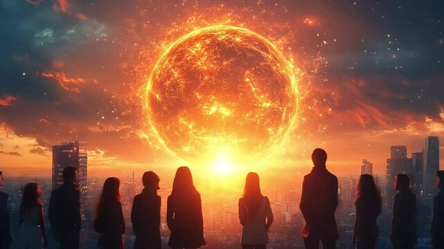 A powerful visual of the new generation, Gen Beta, standing united before a radiant sun over a futuristic city, symbolizing new beginnings, collective strength, and a hopeful future for humanity.
