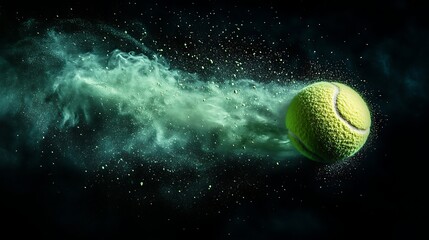 Celestial shot of a tennis ball suspended in space releasing a halo of ethereal light green powder against deep black