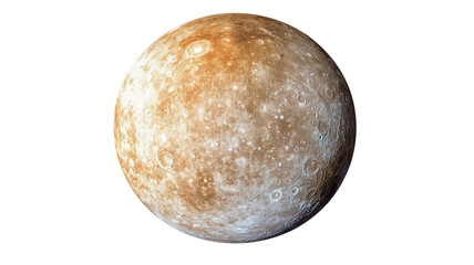 Fototapeta premium A digital illustration or rendering depicts a spherical celestial body against a pure white background. The surface is predominantly light brown and gold, with variations in tone and texture