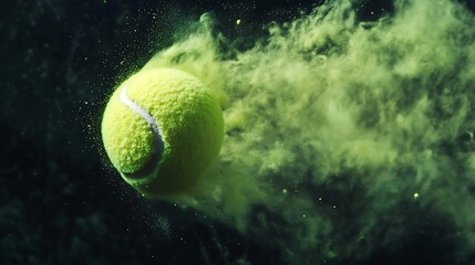 The artistry of motion captured as a tennis ball disperses a vibrant mist of fine light green powder in weightless suspension