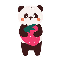 cute drawing cartoon panda holding a strawberry. cute animal drawing, doodle, sticker