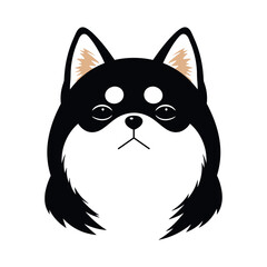 Shiba Inu cute black dog head with a serious expression and upright ears. Vector illustration design has a bold look, resembling a cartoon or logo. Isolated on a white background.