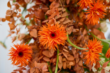 A bouquet of orange-red chrysanthemums. Autumn flowers