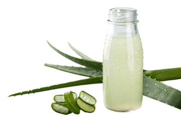 Aloe vera juice in glass bottles isolated on white background