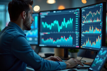 Close up businessman working with statistics, looking at laptop screens with graphs and diagrams, synchronizing electronic devices, checking financial report presentation, sitting at desk. AI