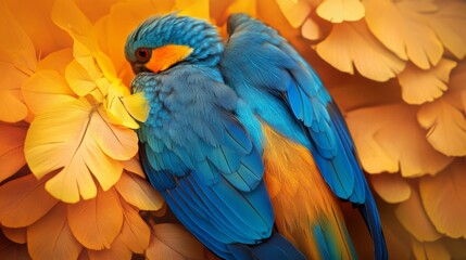 Obraz premium Blue parrot perched on large orange petals
