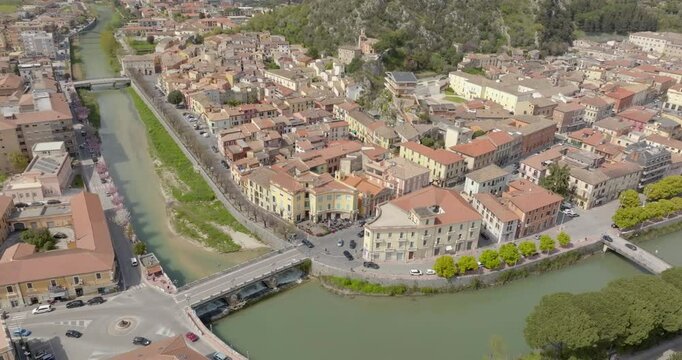 Aerial view of the historic center of Sora, built on the banks of the Liri river. It is a town in Lazio, Italy, in the province of Frosinone.