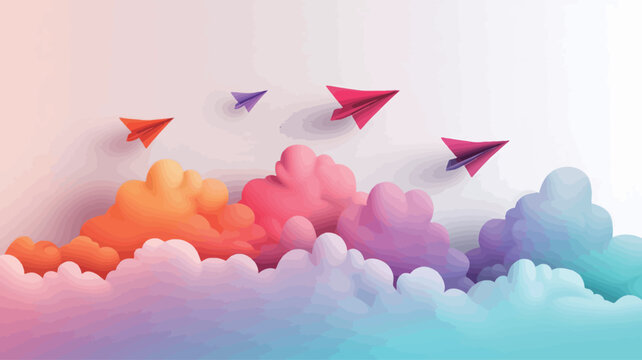 Digital illustration depicting multiple paper airplanes of varying sizes and shades of red and purple flying above a landscape of stylized, pastel-colored clouds. The clouds are rendered in shades
