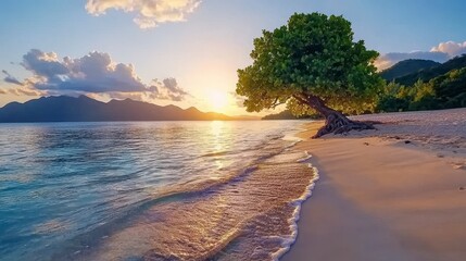 Tropical Sunset Beach Scene with Lone Tree