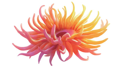 Close-up studio shot of a sea anemone, predominantly orange and pink in color.  The anemone's tentacles radiate outwards from a central point, exhibiting a radial symmetry
