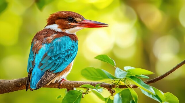 White throated or breasted kingfisher or halcyon smyrnensis bird closeup perched in natural green background during winter season at keoladeo national park or bharatpur bird sanctuary rajasthan india 