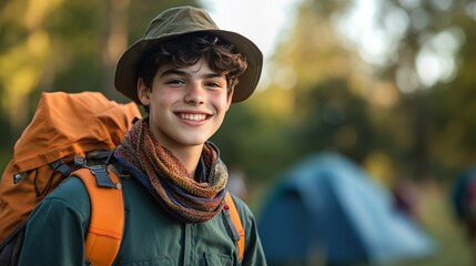 Young male scout smiling and hiking in campsite during camping trip
