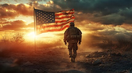 American soldier walking at sunset with waving flag