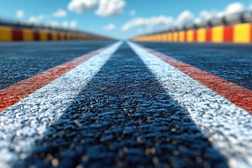 Obraz premium Asphalt surface of the racing track with the blue sky and colorful fences