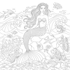 Fototapeta premium Beautiful Mermaid with Scaled Tail and Flowing Hair Resting Gracefully on a Rock Amidst Seashells and Fish