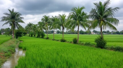 Fototapeta premium Green Rice Paddy Field Under Cloudy Sky with Palm Trees