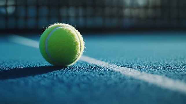 Stunning tennis ball detail shot on blue playing surface with white reference line sports style