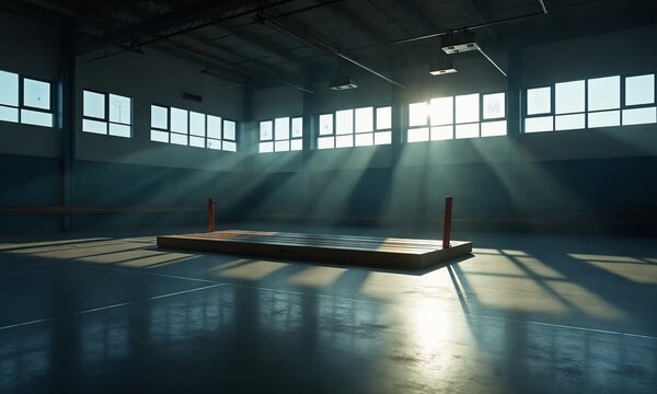 Parallel bars and balance beams standing silent in empty training hall, moonlight through high windows casting long shadows.