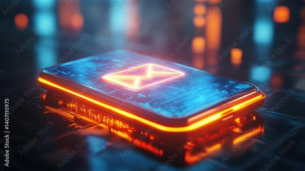 Wall mural futuristic smartphone with email icon illuminated against digital circuit background in neon colors