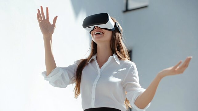 Smiling businesswoman wearing vr headset interacting with virtual reality