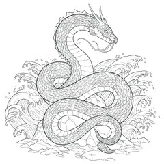 Fototapeta premium Mythological Ocean Serpent Wrapped Securely Around Coastal Rock Formation While Turbulent Waves Pound Nearby