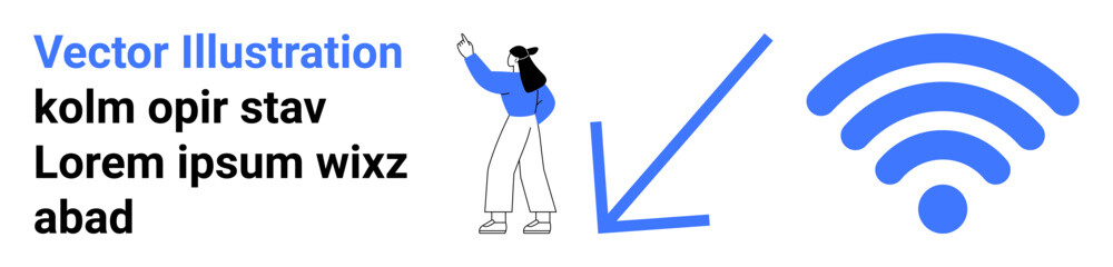 Woman gesturing toward a blue arrow and wireless symbol conveying connection, guidance, technology, and digital communication. Ideal for education, tech solutions, remote work, apps, navigation