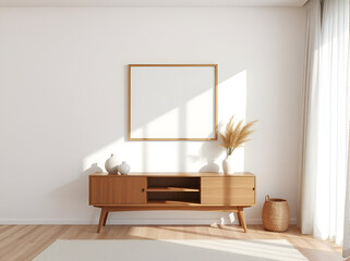 japandi living room mockup, scandinavian interior, plaster walls, wood floor, frame mockup, nordic minimalism, 3d illustration