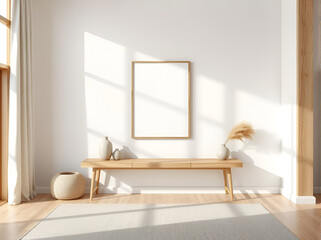 japandi living room mockup, scandinavian interior, plaster walls, wood floor, frame mockup, nordic minimalism, 3d illustration