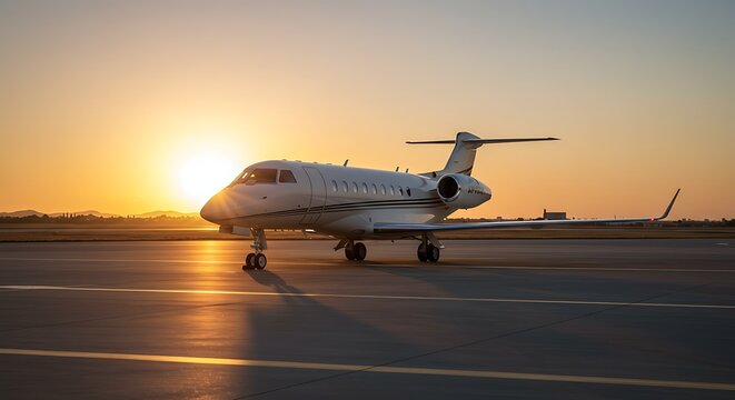 White Private Jet on Airport Runway at Sunset - Powered by Adobe